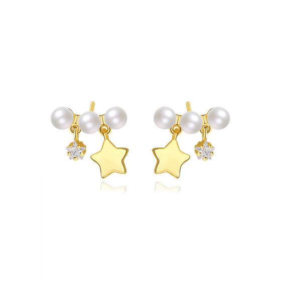 Girl Three Shell Pearls CZ Stars 925 Sterling Silver Stud Earrings