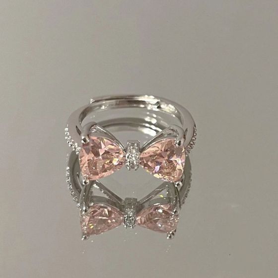 New Pink CZ Bow-Knot Girls 925 Sterling Silver Adjustable Ring