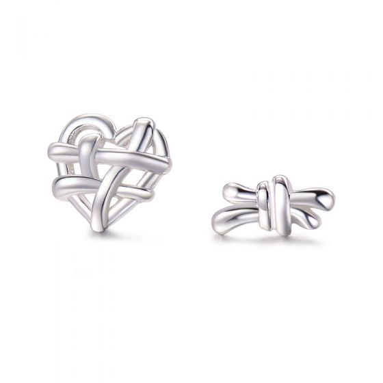 Anniversary Asymmetric Weave Heart Knot 925 Sterling Silver Stud Earrings