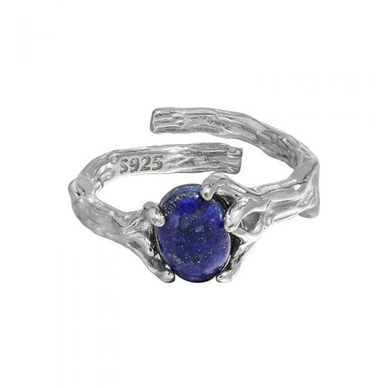 Modern Oval Natural Lapis Lazuli Irregular 925 Sterling Silver Adjustable Ring
