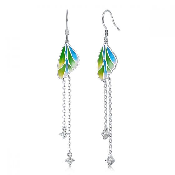Fashion Colorful Enamel Butterfly Round Moissanite CZ 925 Sterling Silver Dangling Earrings