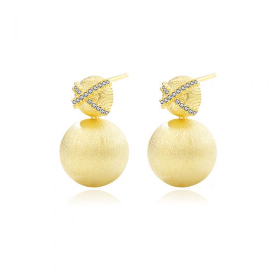 Simple Matting Gold CZ Cross Round Ball 925 Sterling Silver Stud Earrings
