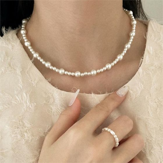 Women Elegant Large Small Round Pearls 925 Sterling Silver Necklace