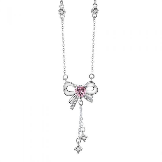 Sweet Pink CZ Bowknot Tassels Girl 999 Sterling Silver Necklace