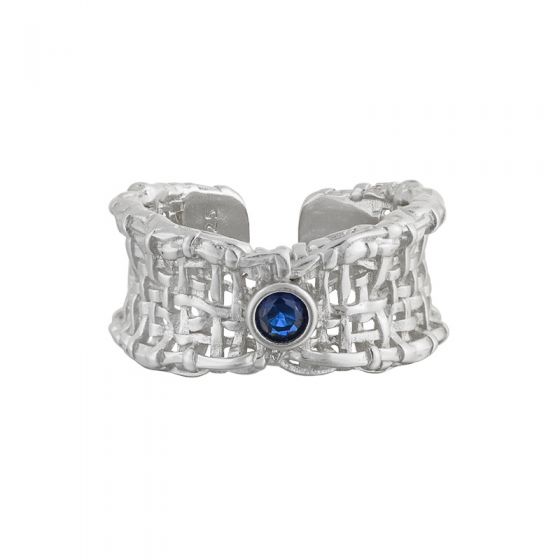 Office Hollow Weave Net Blue CZ 925 Sterling Silver Adjustable Ring