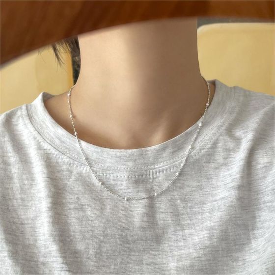 Simple White Beads 925 Sterling Silver Tube Chain Necklace