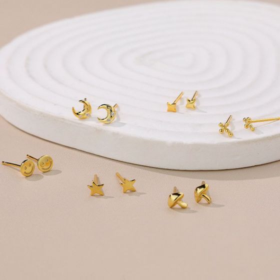 Mini Cute Smile CZ Moon Star Cross Mushroom 925 Sterling Silver Stud Earrings