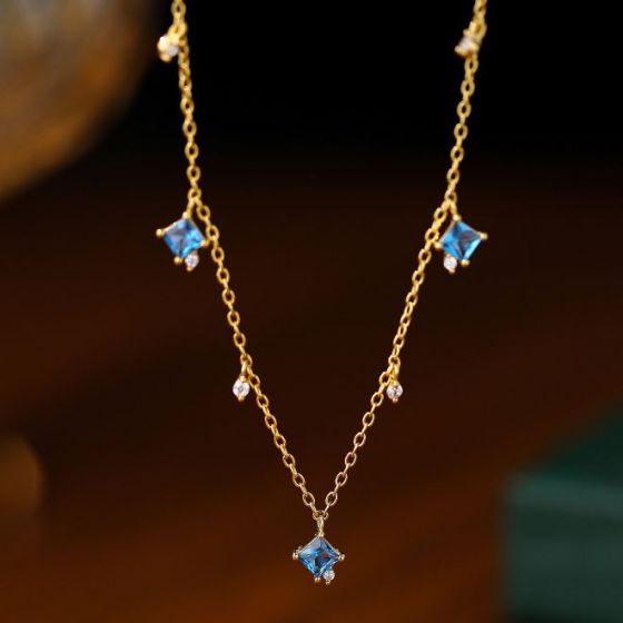 Women Blue Square CZ 925 Sterling Silver Necklace