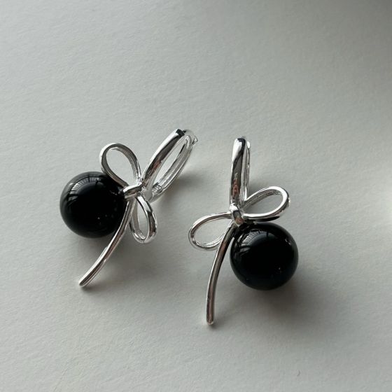 Women Round Shell Pearl Black Agate Bow-Knot 925 Sterling Silver Stud Earrings