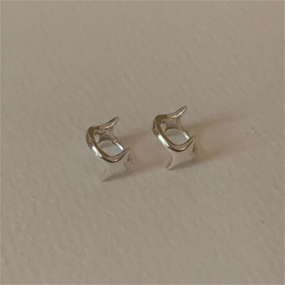 Mini Shining Four Pointed Star 925 Sterling Silver Hoop Earrings