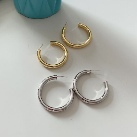 French style S925 pure silver earrings, cool style metal large C-shaped exaggerated circular earrings, women's minimalist earrings