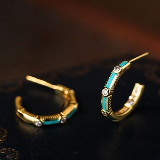 Women Blue Epoxy Round CZ 925 Sterling Silver C Shape Hoop Earrings