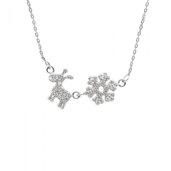 White Snowflake Christmas Reindeer Trendy 925 Sterling Silver Pendant Necklace
