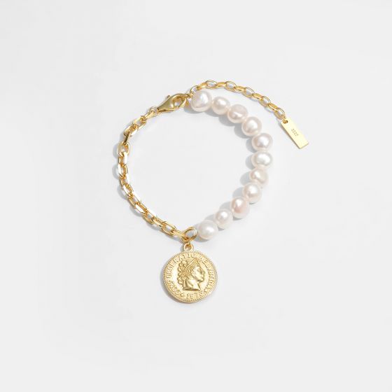 Bracelet en argent sterling 925 avec chaîne de pièce de monnaie en perle naturelle irrégulière pour fille