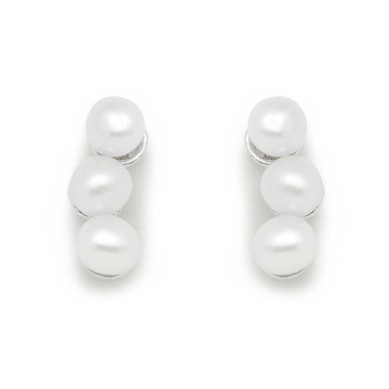 Pendientes de perlas de plata de ley 925 simples naturales redondos de tres perlas
