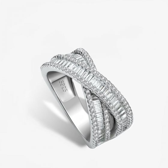 Elegant Geometry Baguette CZ Cross 925 Sterling Silver Adjustable Ring