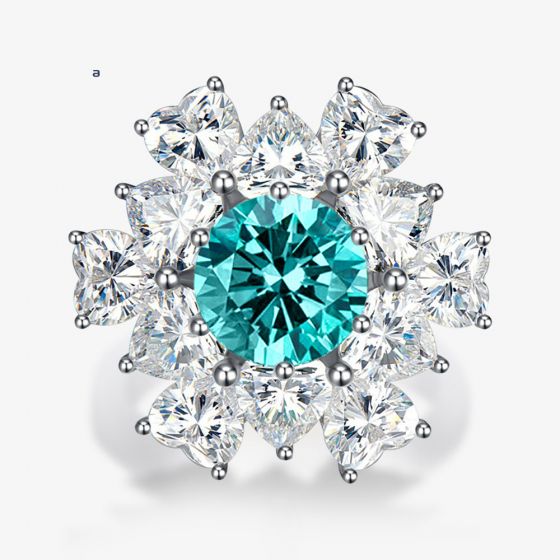 Beautiful 8mm Paraiba Emerald Created High Carbon Diamond CZ 925 Sterling Silver Ring