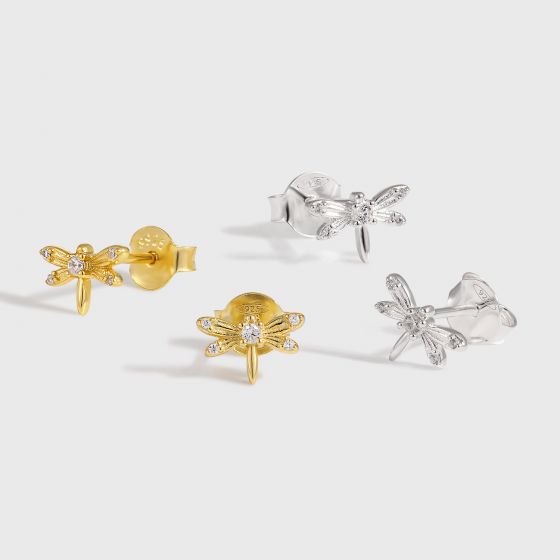 Holiday Flying CZ Dragonfly 925 Sterling Silver Stud Earrings