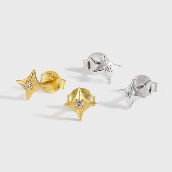Office Shining CZ Four Pointed Star 925 Sterling Silver Stud Earrings