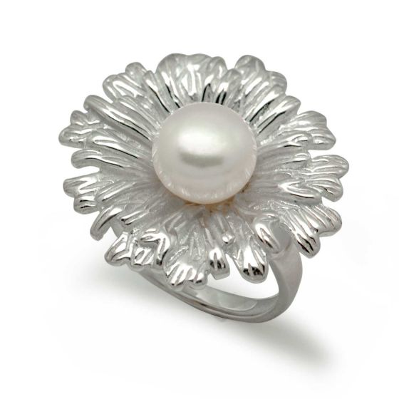 Blooming Flower New 925 Sterling Silver Natural White Pearl Adjustable Ring