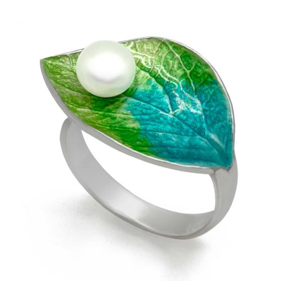 Green Leaf Handmade Cloisonne Enamel Natural Pearl 925 Silver Adjustable Ring