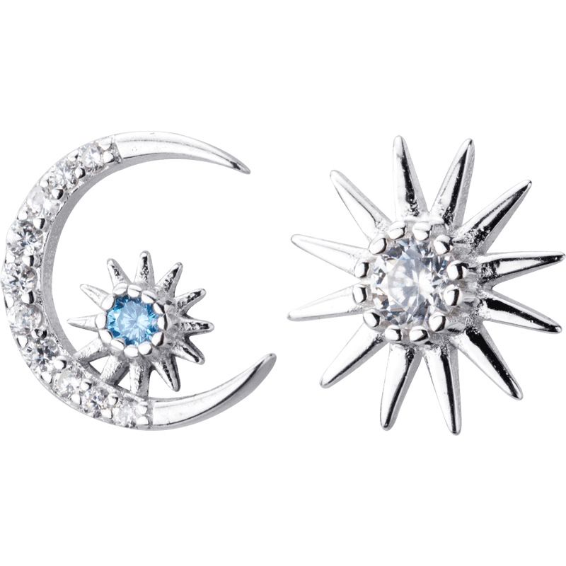Asymmetric CZ Crescent Moon Sun Star 925 Sterling Silver Stud Earrings