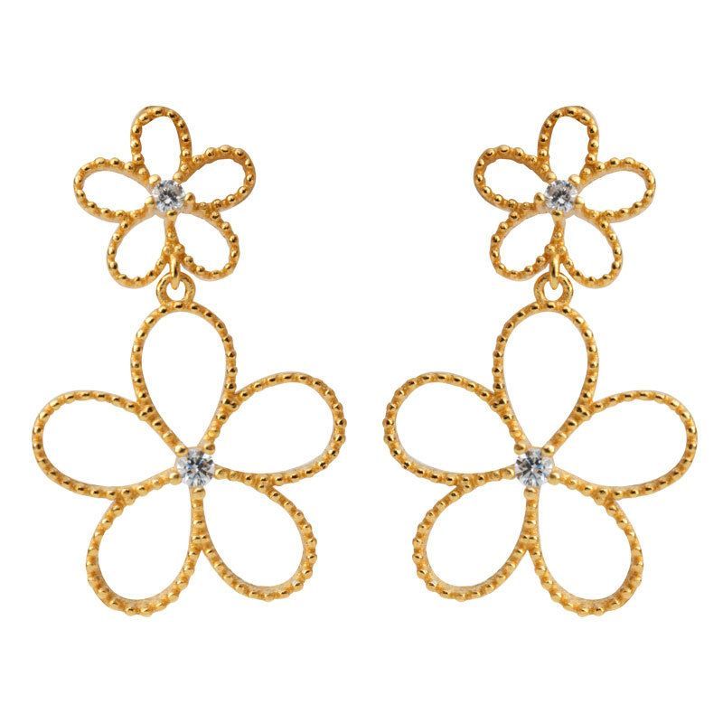 925 Silver CZ Double Flower Earrings 
