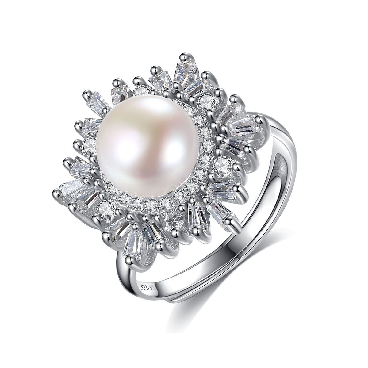 925 Sterling Silver Adjustable White Pearl Elegant Open Rings Platinum Plated CZ 
