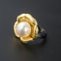 Anillo ajustable de perlas blancas naturales de plata flor rosa 925 de ley