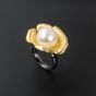 Golden Flower Rose 925 Sterling Silver Natural White Pearl Adjustable Ring