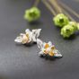 Spring Golden Flower Leaf 925 Sterling Silver Natural Pearl Studs Enamel Earrings