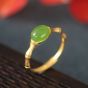 Women Oval Natural Agate/Nephrite/Jasper Bamboo 925 Sterling Silver Adjustable Ring