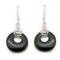 Natural Black Agate Round Circle 925 Sterling Silver Dangle Earrings
