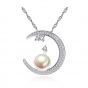 CZ Natural Pearl On Crescent Moon 925 Sterling Silver Necklace