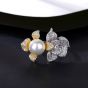 Elegante anillo ajustable de plata de ley 925 con perlas naturales CZ Rose Flowers