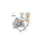 Elegante anillo ajustable de plata de ley 925 con perlas naturales CZ Rose Flowers