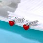 Girl Red Heart Love CZ 925 Sterling Silver Dangling Earrings