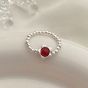 Women Red Agate Flower Bell Chinese Fu Tag Beads Chain 925 Sterling Silver Adjustable Ring