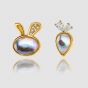 Cute Asymmetry Created Moonstone Bunny Rabbit Carrot 999 Sterling Silver Stud Earrings