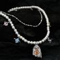 Halloween Colorful CZ Ghost Shell Pearls 925 Sterling Silver Double Layers Necklace