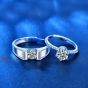 Couple Geometry Round Moissanite CZ Crown Square 925 Sterling Silver Adjustable Ring
