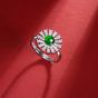 Elegant Round Natural Green Jade CZ Sunflower 925 Sterling Silver Adjustable Ring