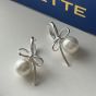 Women Round Shell Pearl Black Agate Bow-Knot 925 Sterling Silver Stud Earrings