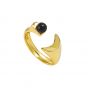 Graduation Round Black Agate Crescent Moon 925 Sterling Silver Adjustable Ring