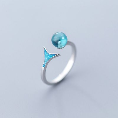Sweet Blue Created Crystal Fish Tail 925 Sterling Silver Adjustable Ring