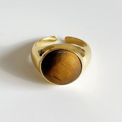 Classic Round Created Tiger Eye 925 Sterling Silver Adjustable Ring