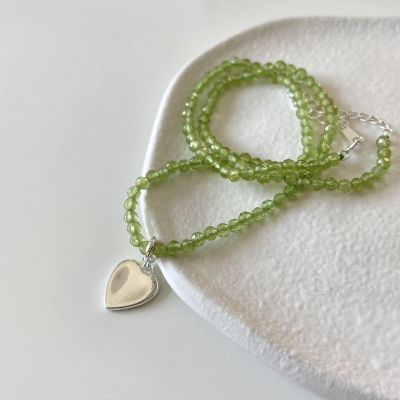 Gift Green Natural Peridot Heart 925 Sterling Silver Necklace