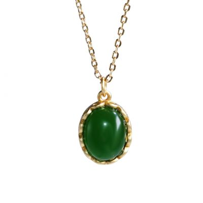 Women Green Oval Natural Chalcedony 925 Sterling Silver Necklace
