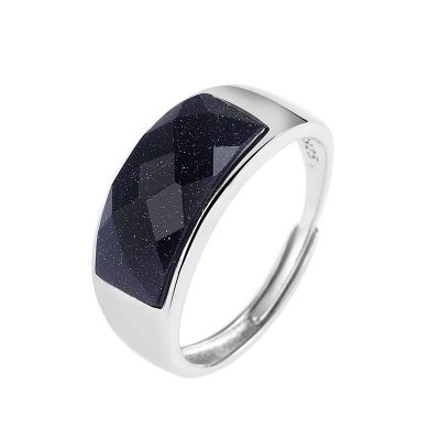 Fashion Natural Blue Sandstone Geometric Section 925 Sterling Silver Adjustable Ring