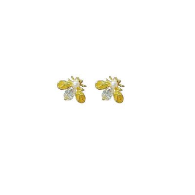 Cute Shell Pearl Wasp CZ Honey Bee 925 Sterling Silver Stud Earrings